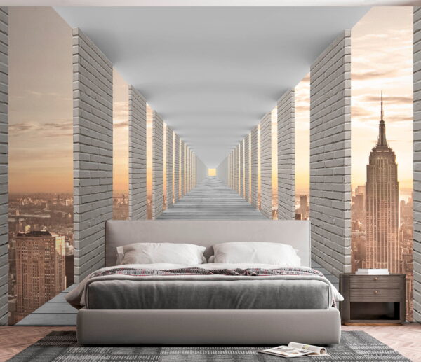 Long walkway with pillars and a city in the background Long walkway with pillars and a city in the background