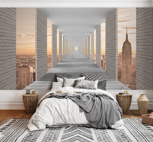 Long walkway with pillars and a city in the background Long walkway with pillars and a city in the background