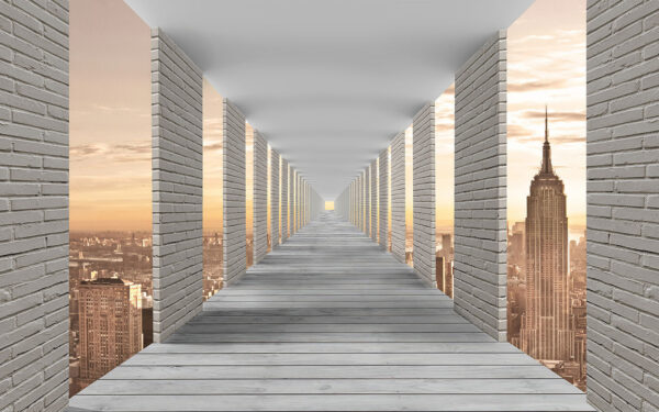 Long walkway with pillars and a city in the background Long walkway with pillars and a city in the background