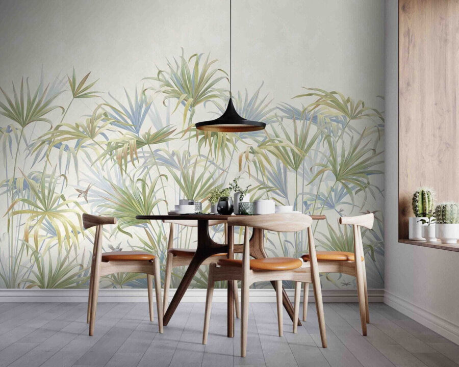 Lush greenery in soft pastel hues.