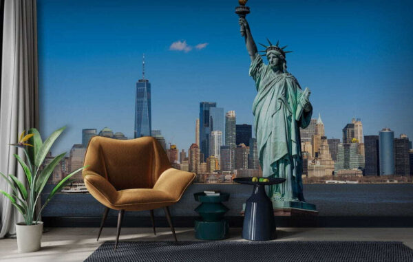 Statue of liberty with a city in the background Statue of liberty with a city in the background