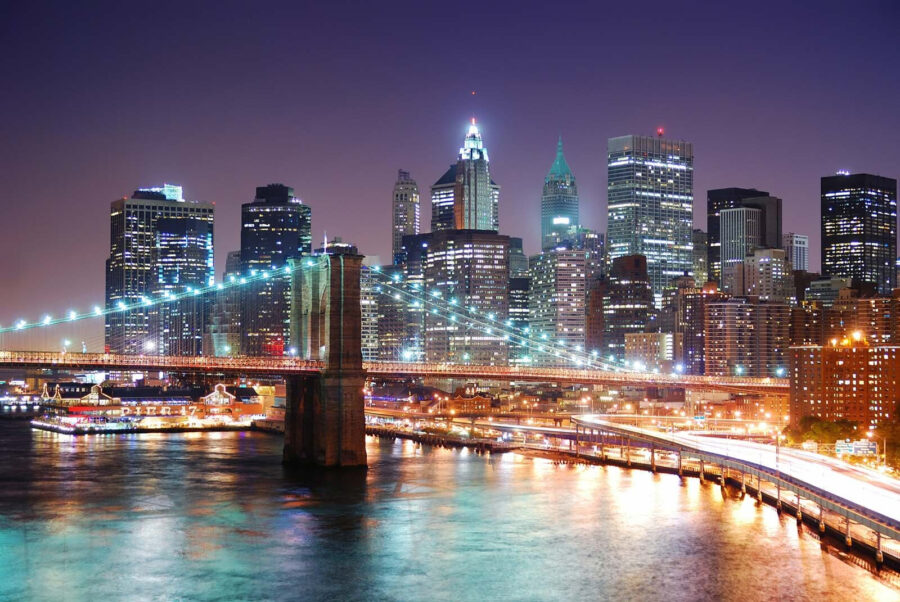 Bridge over a river with lights