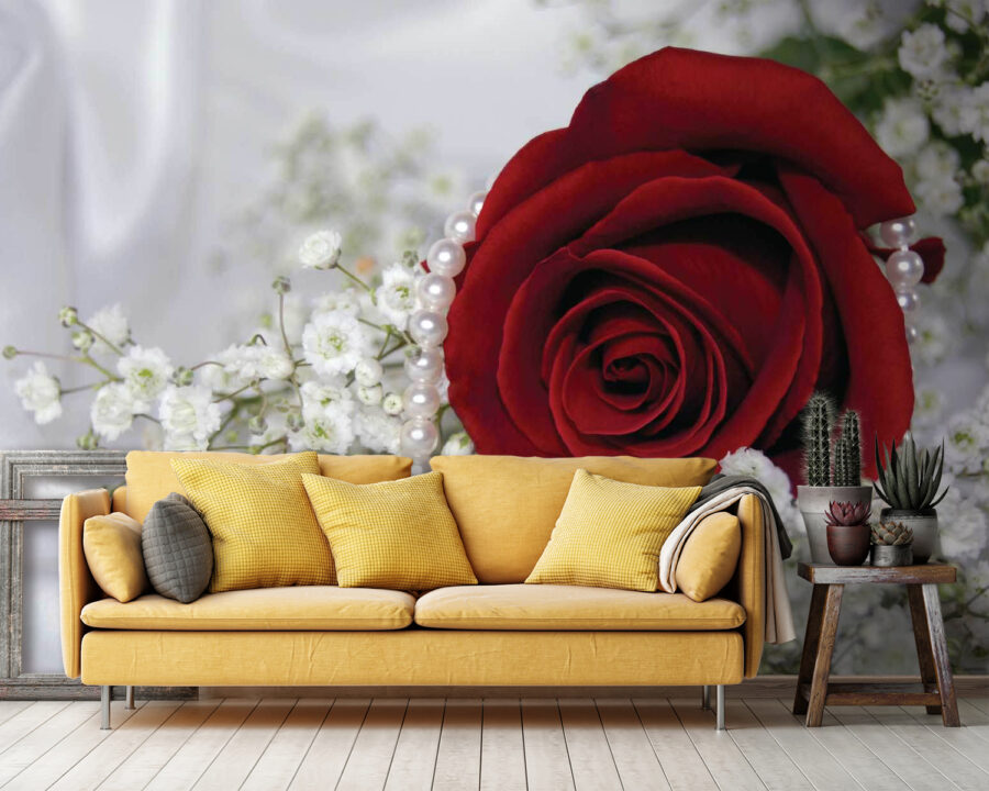 Red rose and white flowers