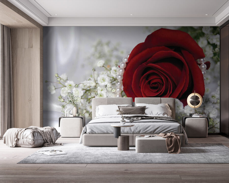 Red rose and white flowers
