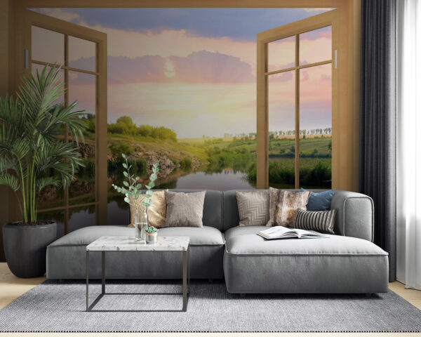 Window with a view of a river and a grassy hill Window with a view of a river and a grassy hill