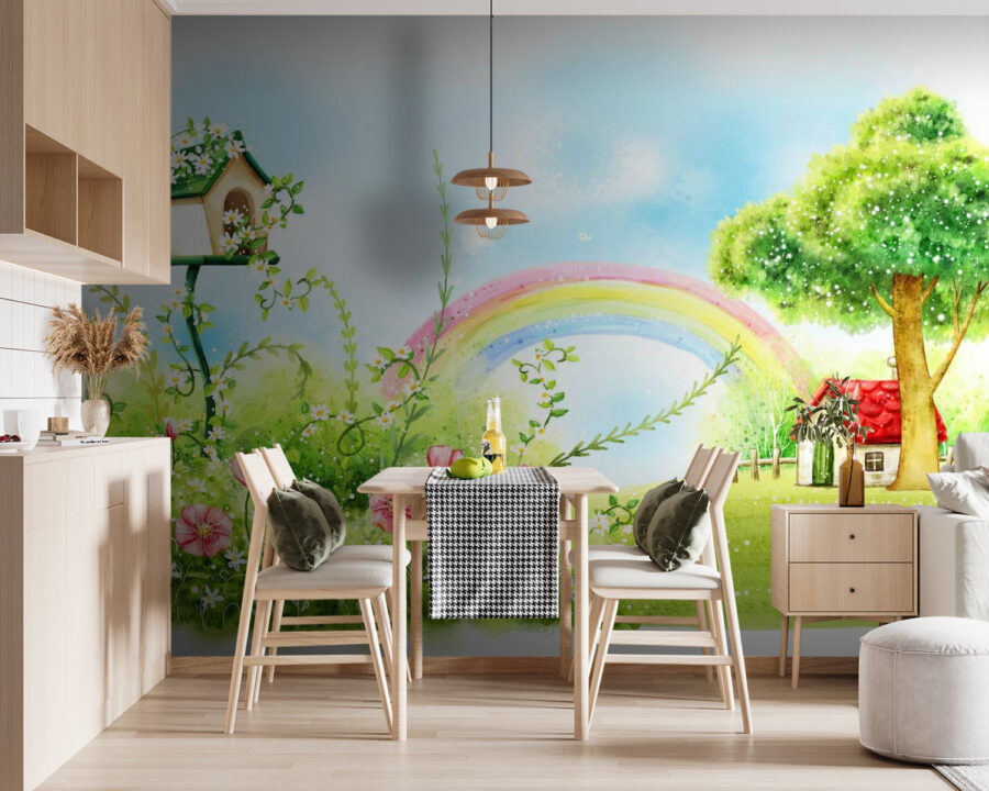 Rainbow and flowers in a green field