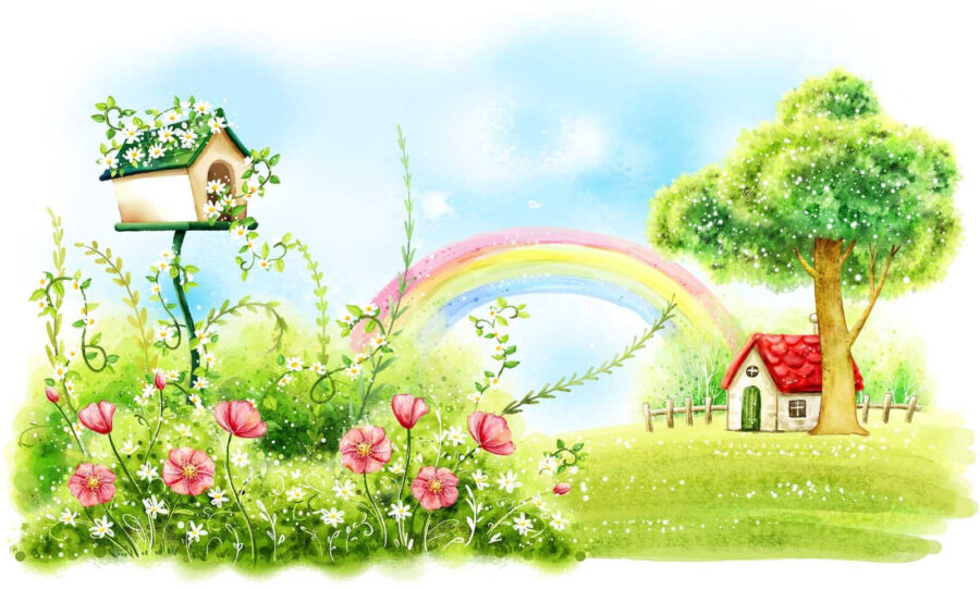 Rainbow and flowers in a green field