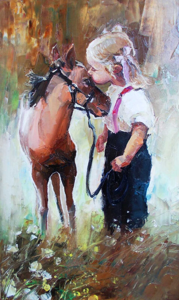 Painting of a girl kissing a horse Painting of a girl kissing a horse