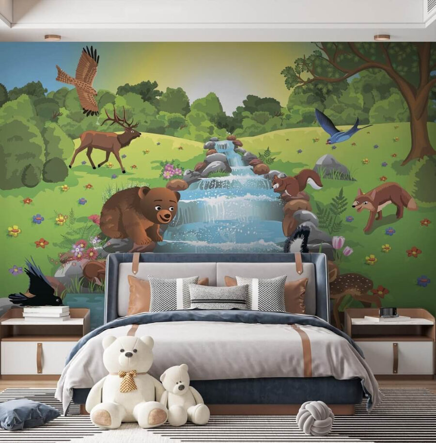 Cartoon of animals in a stream