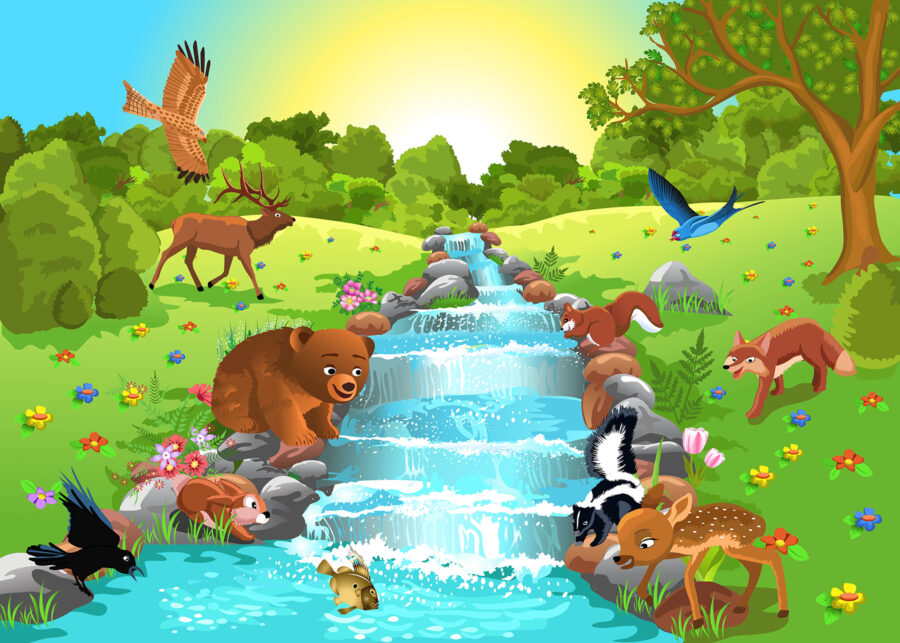 Cartoon of animals in a stream