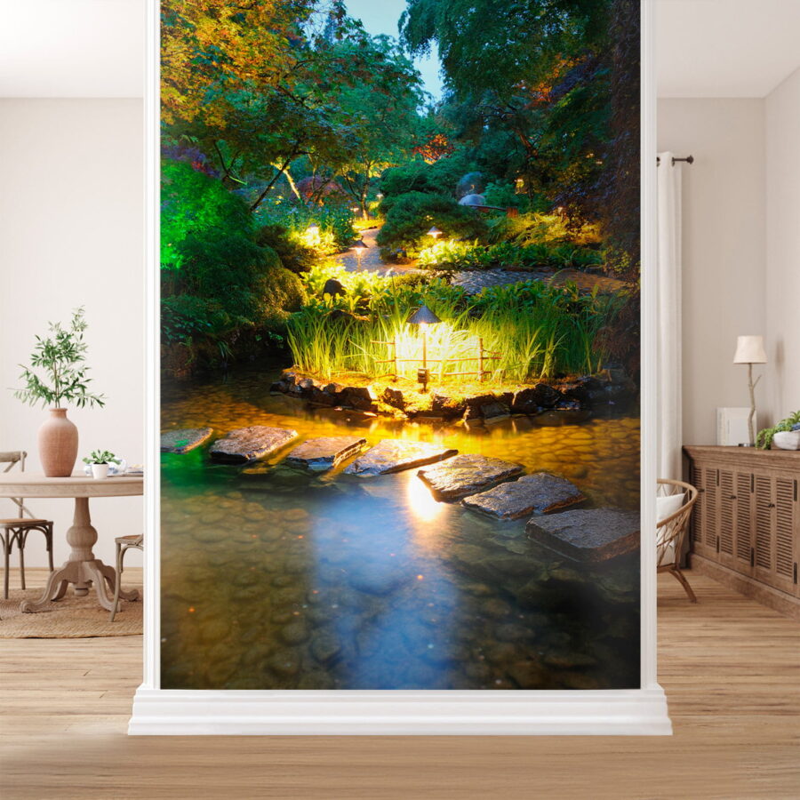 Stone path in a pond with lights