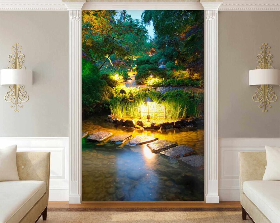 Stone path in a pond with lights