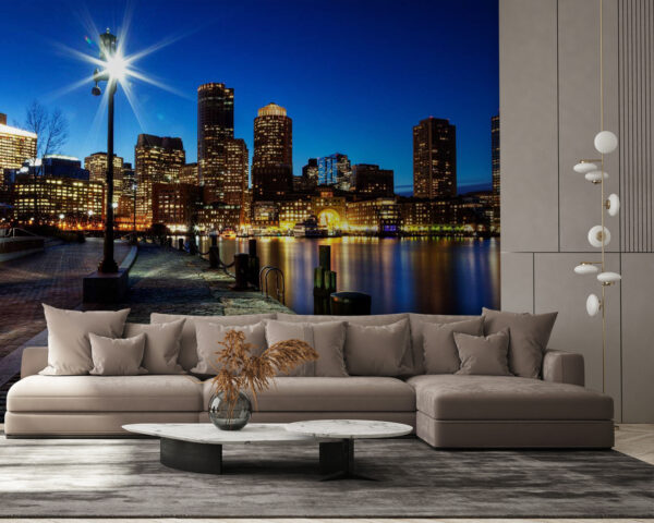 City skyline at night with a body of water City skyline at night with a body of water