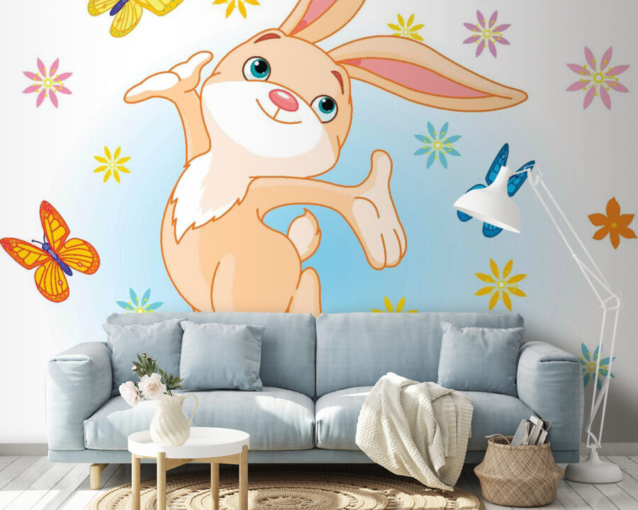 Cartoon of a rabbit jumping in the air with butterflies