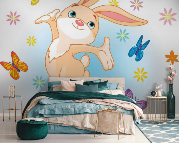 Cartoon of a rabbit jumping in the air with butterflies Cartoon of a rabbit jumping in the air with butterflies