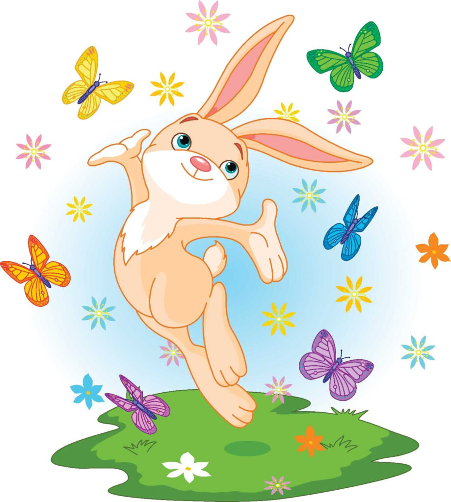Cartoon of a rabbit jumping in the air with butterflies Cartoon of a rabbit jumping in the air with butterflies