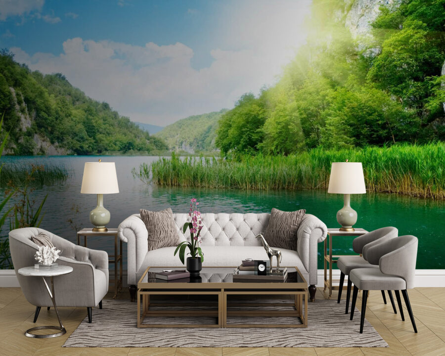Body of water with grass and trees around it