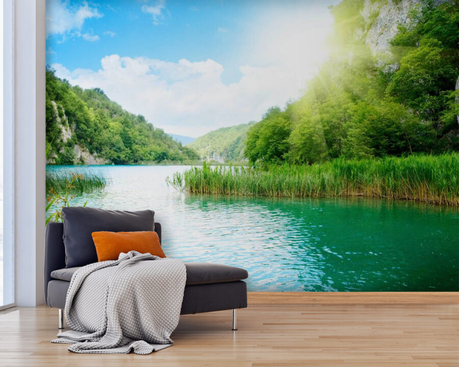 Body of water with grass and trees around it