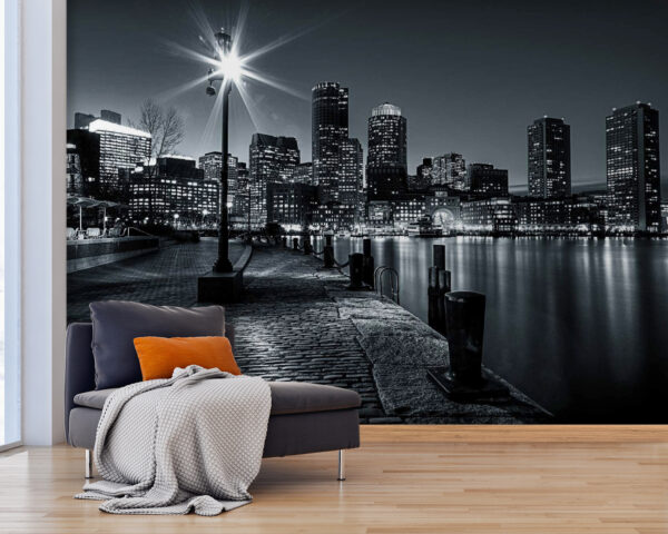 A city skyline with lights on the water A city skyline with lights on the water