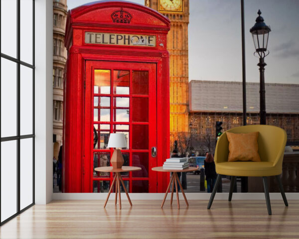 Red telephone booth in a city Red telephone booth in a city