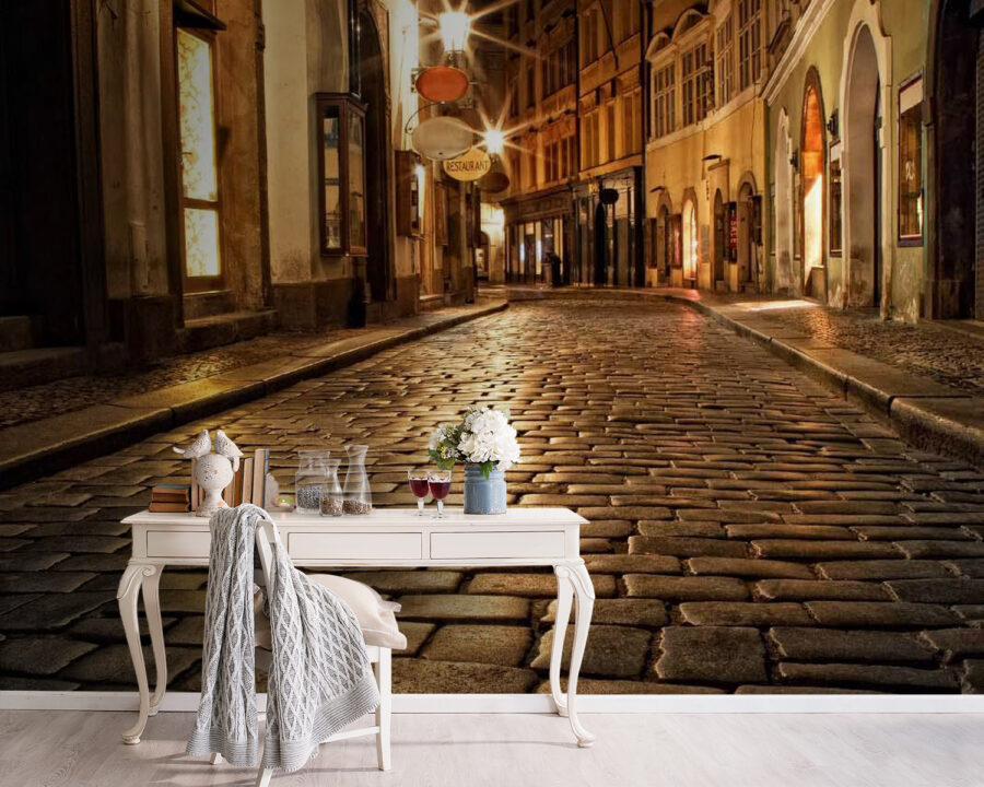 Stone street with buildings and street lights