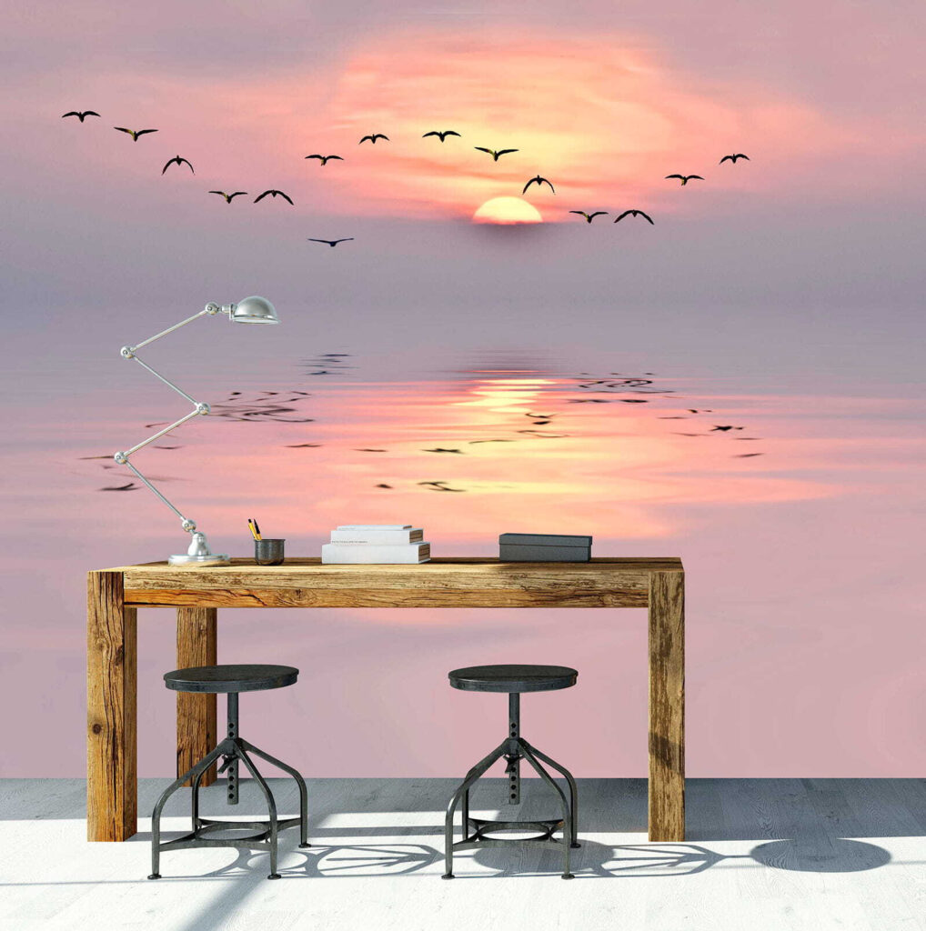 Flock of birds flying over water Flock of birds flying over water