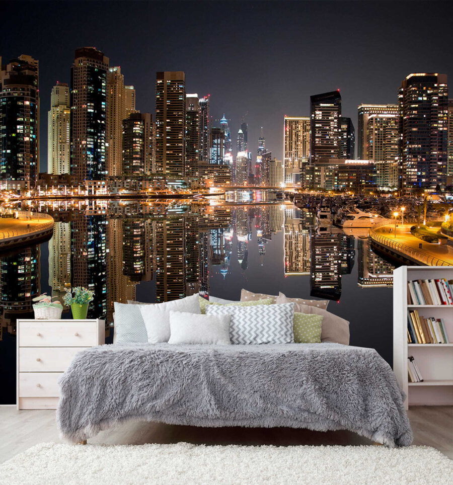 City skyline with lights reflecting on water