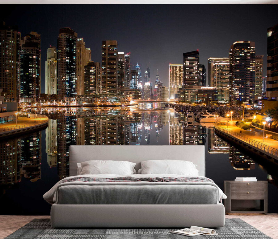 City skyline with lights reflecting on water