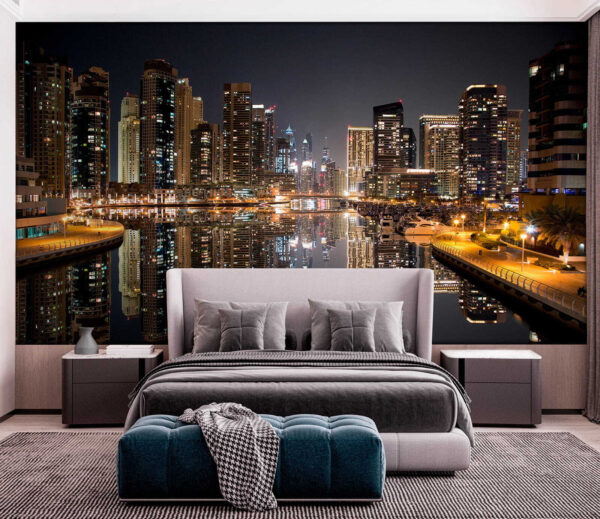 City skyline with lights reflecting on water City skyline with lights reflecting on water