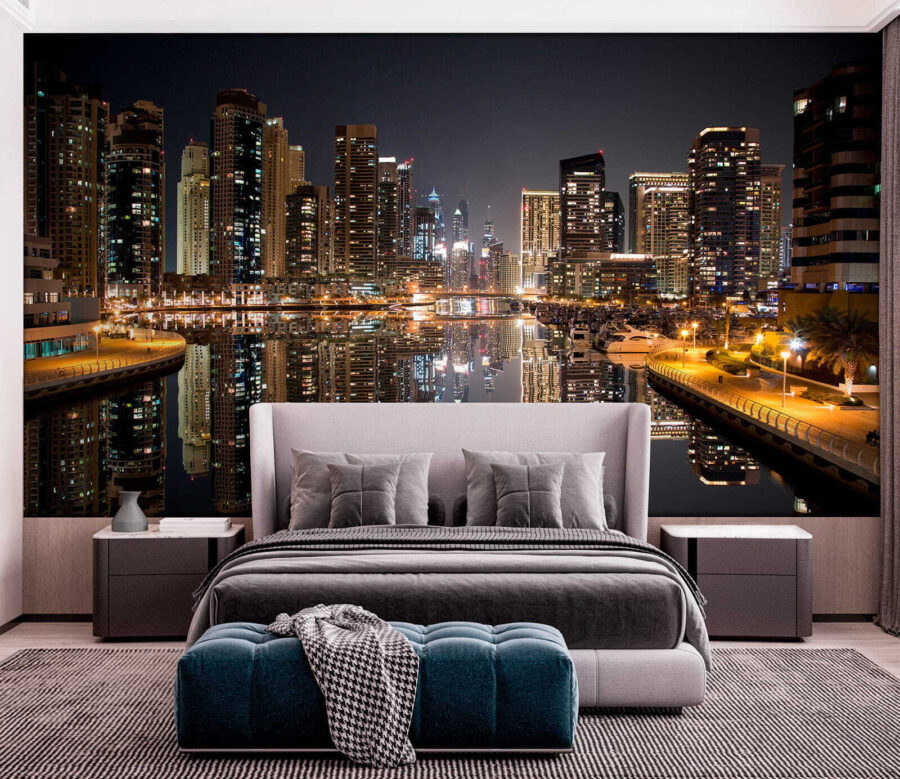 City skyline with lights reflecting on water