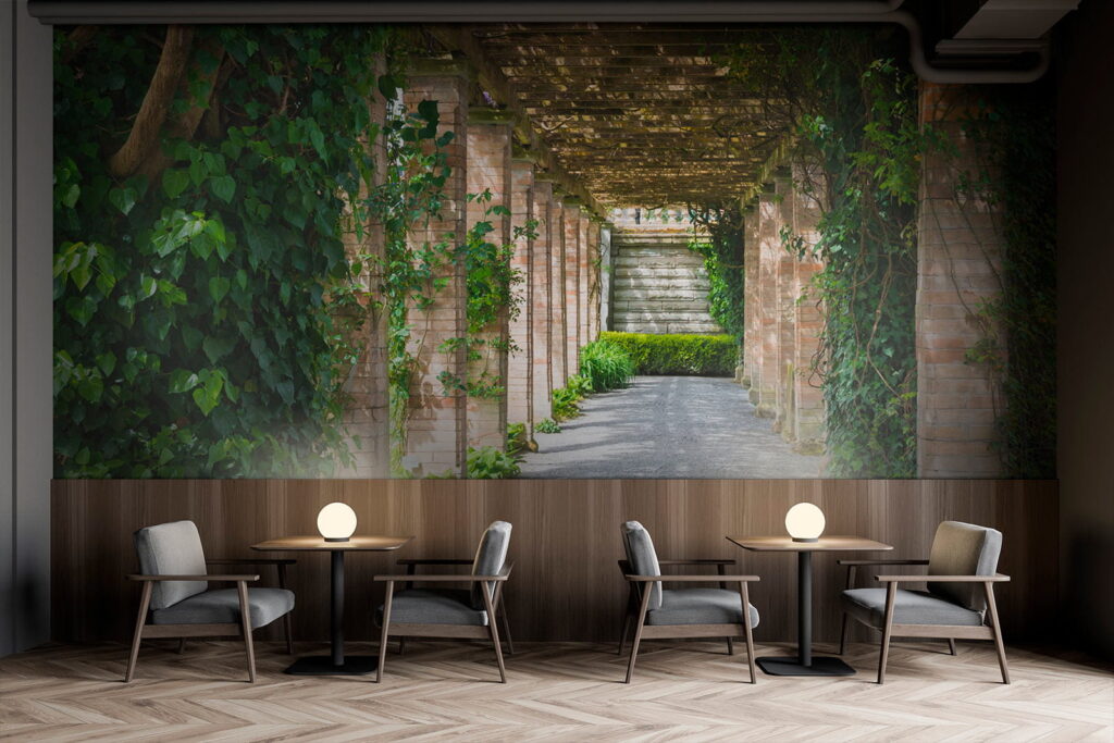 Walkway with stone pillars and vines Walkway with stone pillars and vines