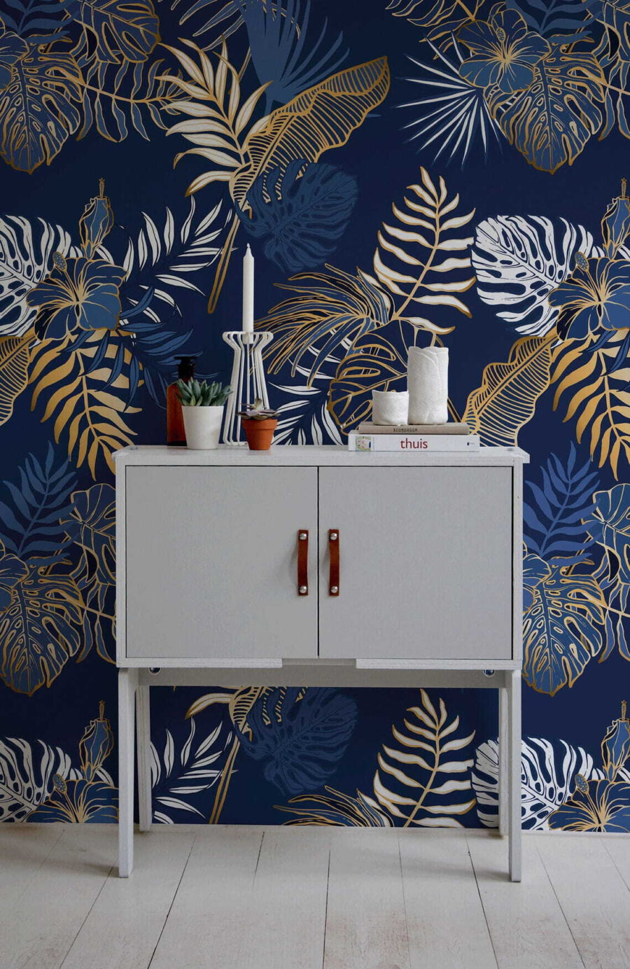 Pattern of leaves on a blue background