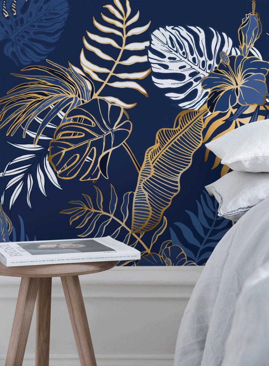 Pattern of leaves on a blue background