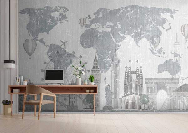 Map of the world with buildings and a ferris wheel Map of the world with buildings and a ferris wheel