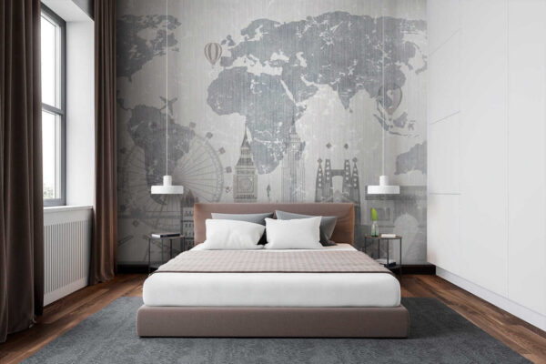 Map of the world with buildings and a ferris wheel Map of the world with buildings and a ferris wheel