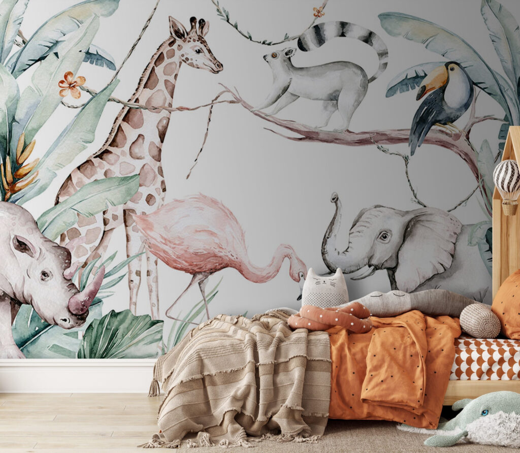 Watercolor illustration of animals and plants