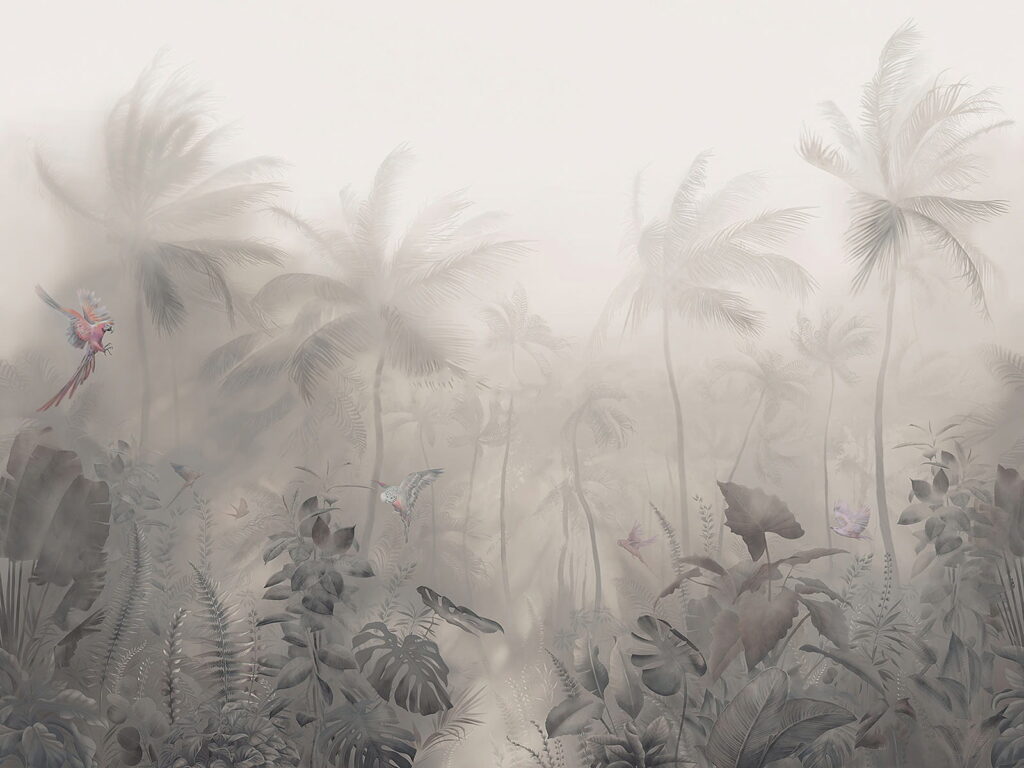 Foggy forest with palm trees and butterflies Foggy forest with palm trees and butterflies