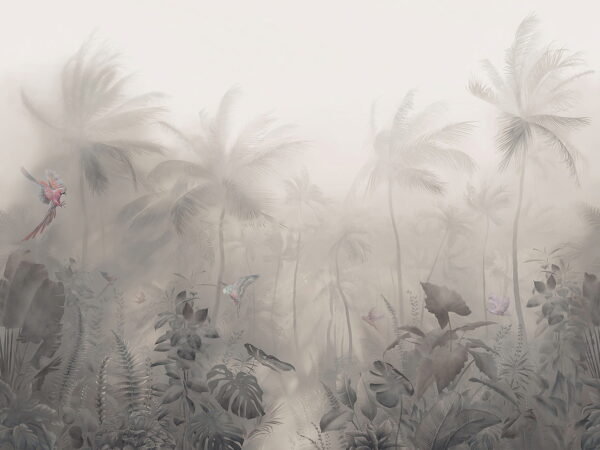 Foggy forest with palm trees and butterflies Foggy forest with palm trees and butterflies