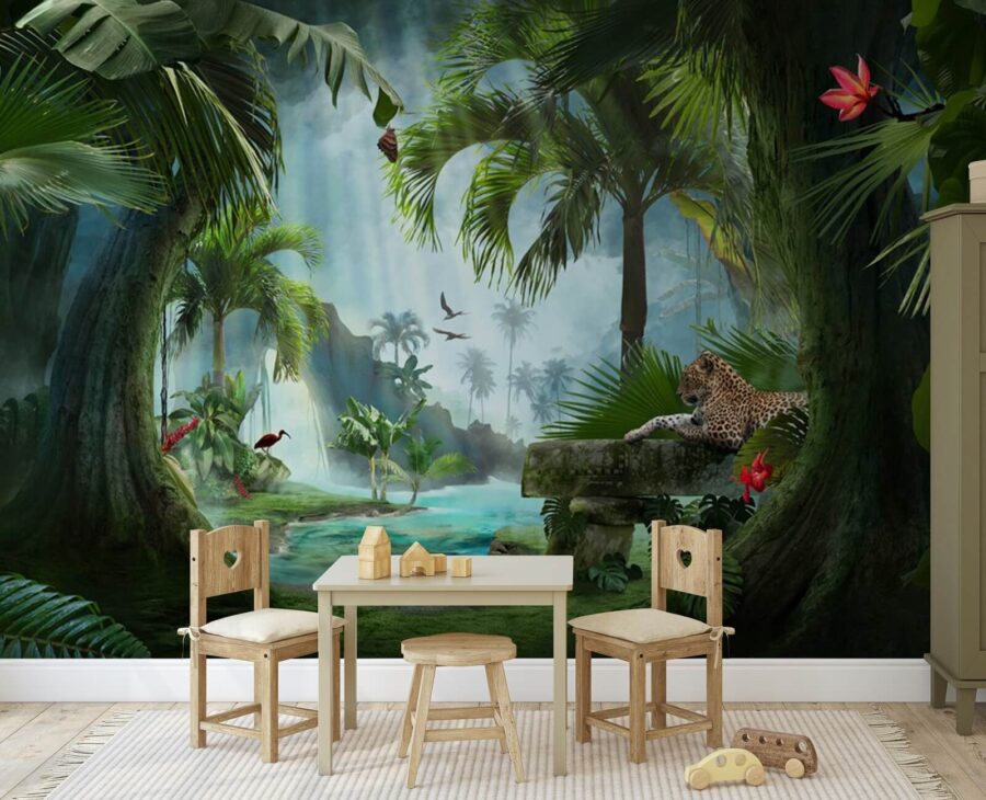 Wall murals Leopard lying on a bench in a jungle