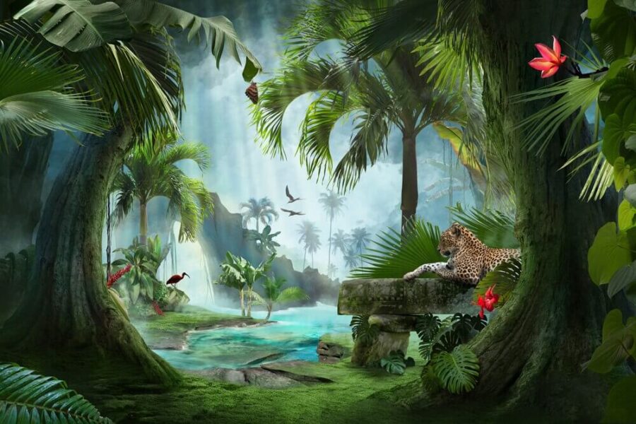 Wall murals Leopard lying on a bench in a jungle - Image 2