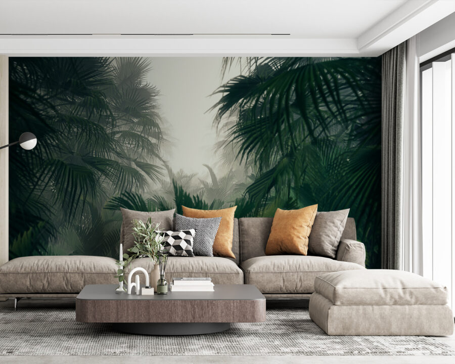 Wall murals Group of palm trees in a foggy forest