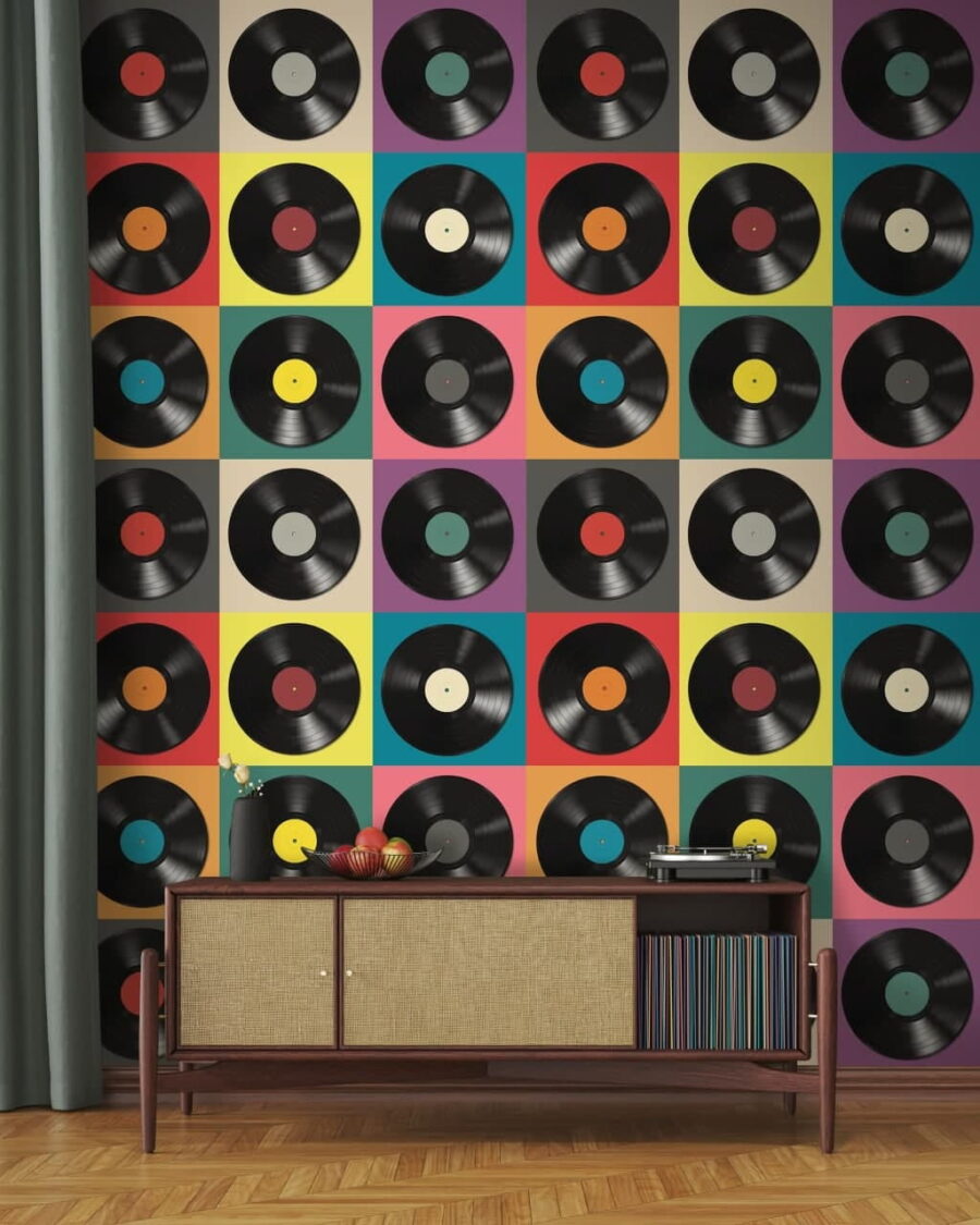 Pattern of black vinyl records