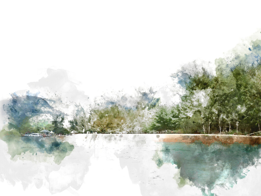 Watercolor of a lake with trees and mountains in the background Watercolor of a lake with trees and mountains in the background