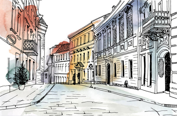 Drawing of a street with buildings Drawing of a street with buildings