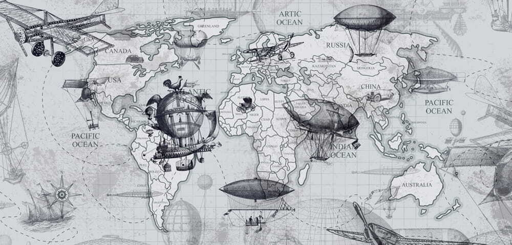Map of the world with different types of air balloons Map of the world with different types of air balloons