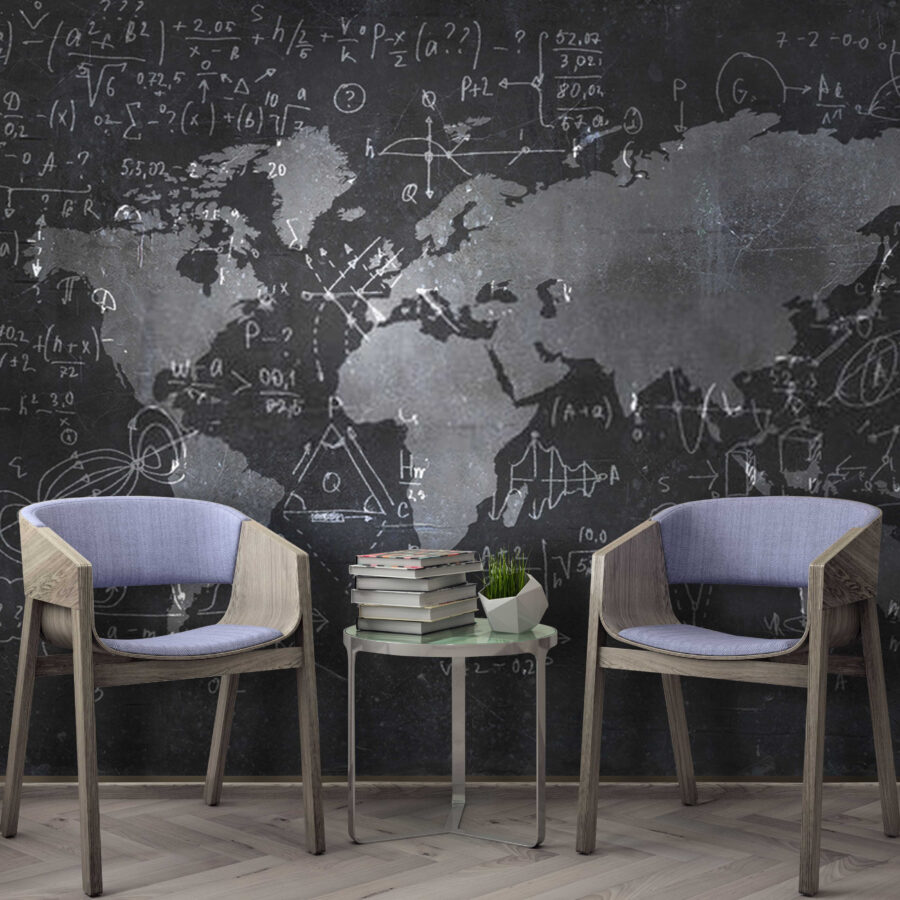 Chalkboard with a map and math equations