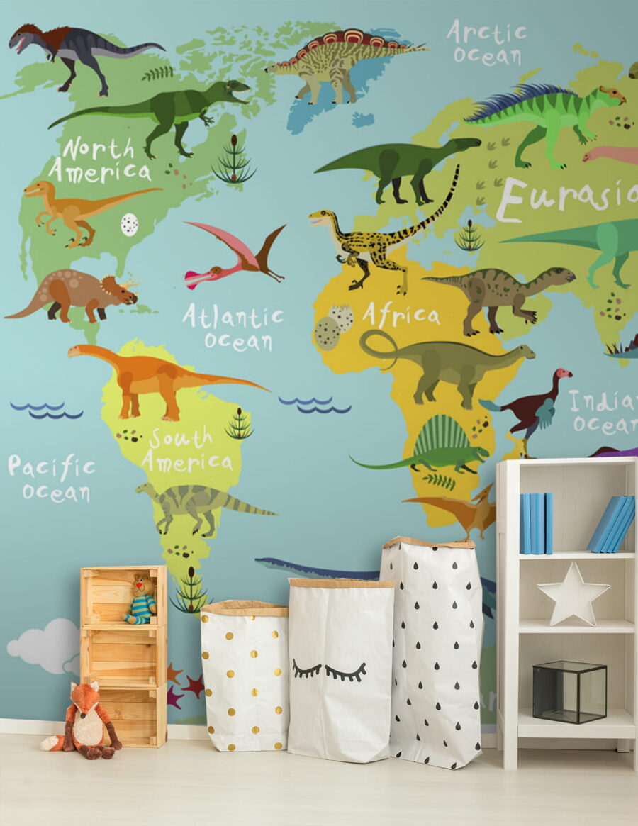 Map of dinosaurs with white text Map of dinosaurs with white text