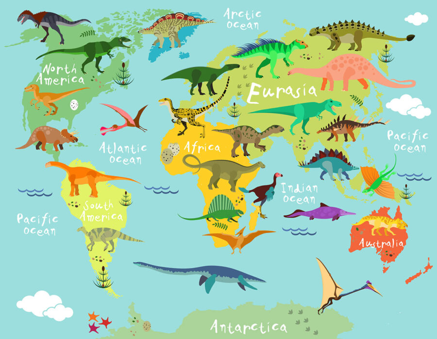 Map of dinosaurs with white text Map of dinosaurs with white text