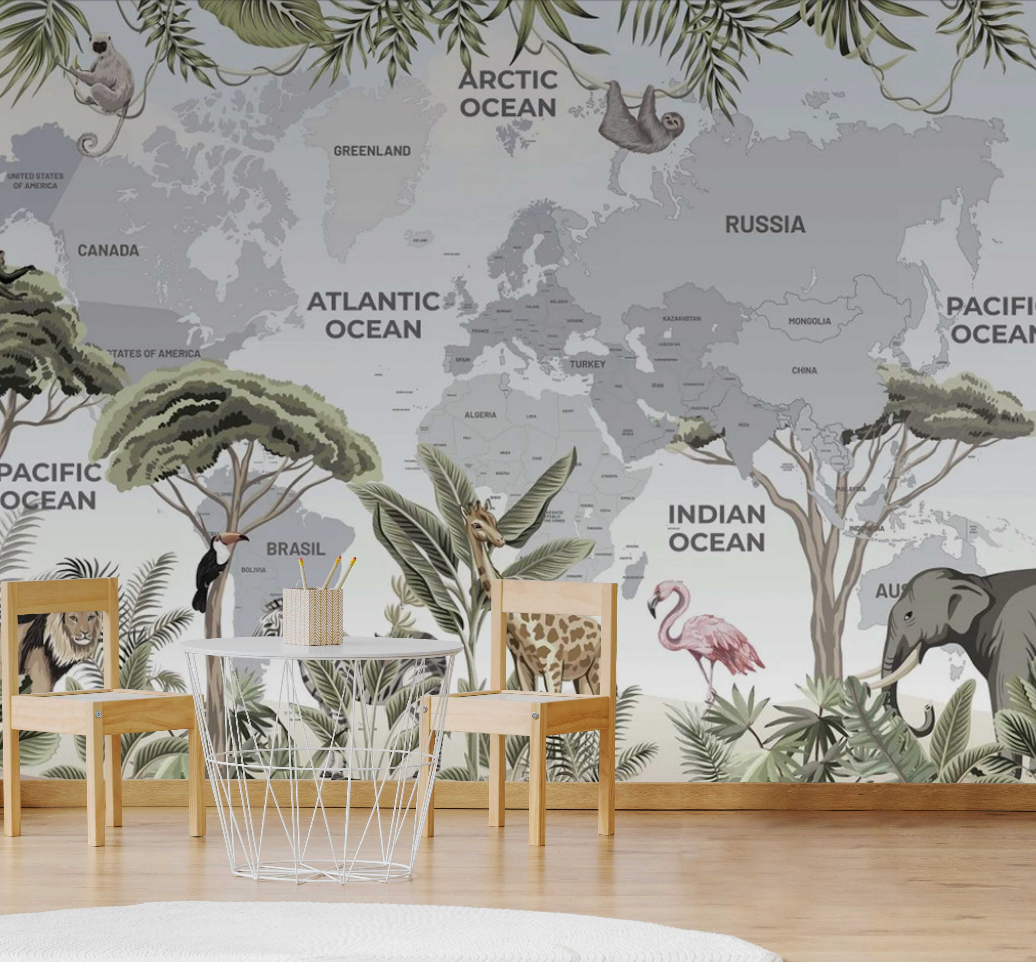 Map of the world with animals and birds Map of the world with animals and birds