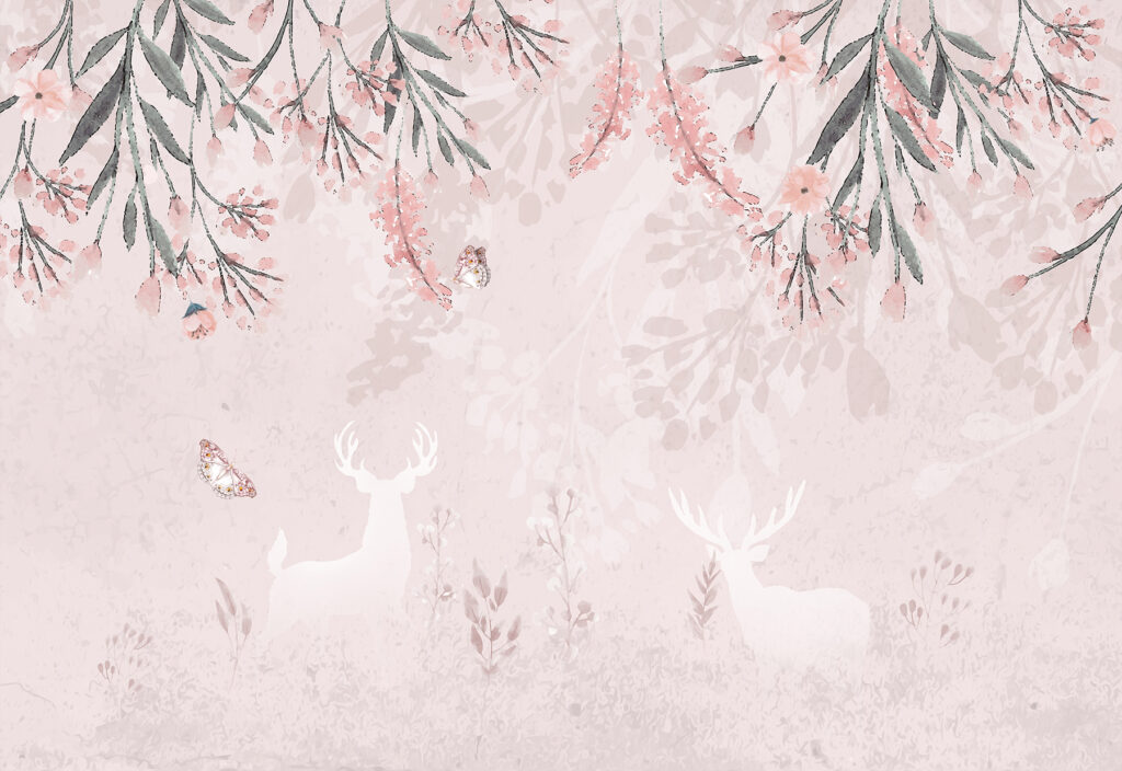 White deer and butterflies and flowers White deer and butterflies and flowers